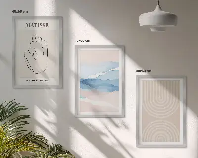 Bilder-3er-Set mit Rahmen Linien, Wellen und pastellfarbener Minimalismus