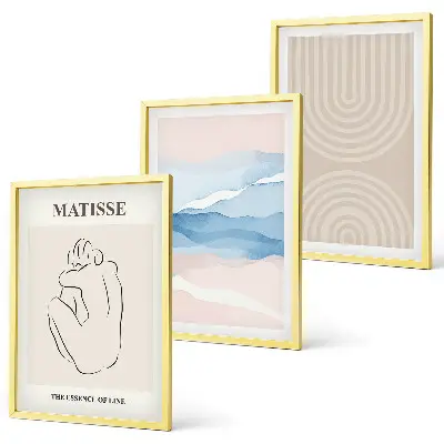 Bilder-3er-Set mit Rahmen Linien, Wellen und pastellfarbener Minimalismus