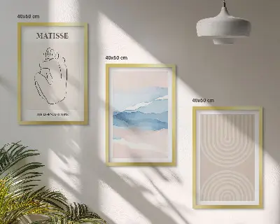 Bilder-3er-Set mit Rahmen Linien, Wellen und pastellfarbener Minimalismus