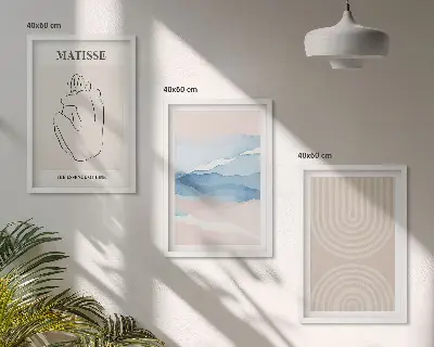 Bilder-3er-Set mit Rahmen Linien, Wellen und pastellfarbener Minimalismus
