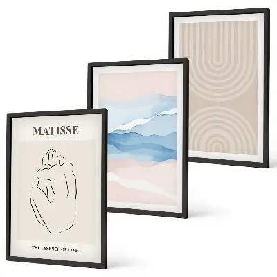 Bilder-3er-Set mit Rahmen Linien, Wellen und pastellfarbener Minimalismus