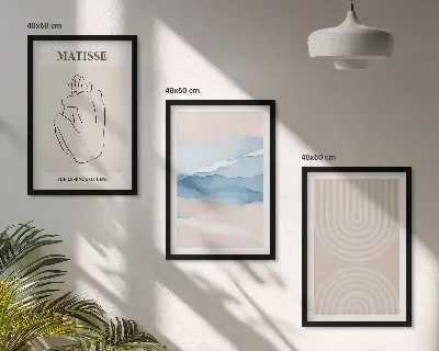Bilder-3er-Set mit Rahmen Linien, Wellen und pastellfarbener Minimalismus