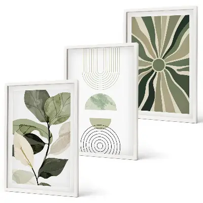 Bilder-3er-Set mit Rahmen mit Pflanzenmotiven und geometrischen Mustern in Grün