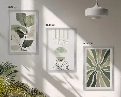 Bilder-3er-Set mit Rahmen mit Pflanzenmotiven und geometrischen Mustern in Grün