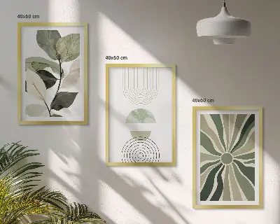 Bilder-3er-Set mit Rahmen mit Pflanzenmotiven und geometrischen Mustern in Grün