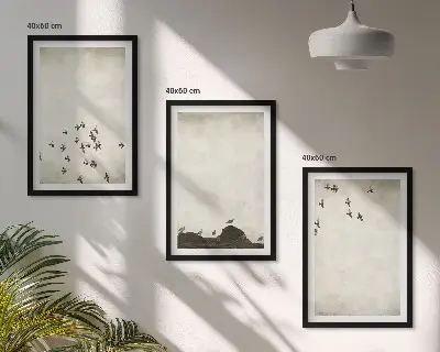 Gerahmtes Bilderset Vögel im Flug im minimalistischen Stil