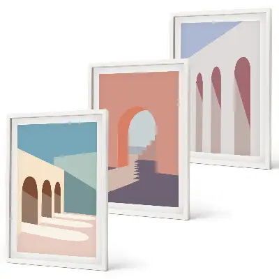 Gerahmtes Bilderset mit Architekturgrafiken in Pastellfarben