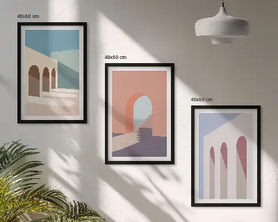 Gerahmtes Bilderset mit Architekturgrafiken in Pastellfarben