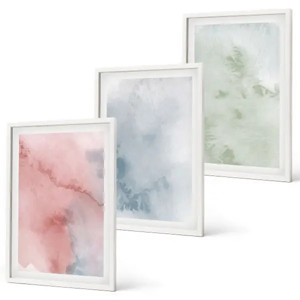 Gerahmtes Bilderset mit pastellfarbenen Aquarellstrukturen