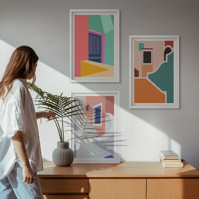 Gerahmtes bilderset Farbenfrohe Illustrationen von Gebäuden