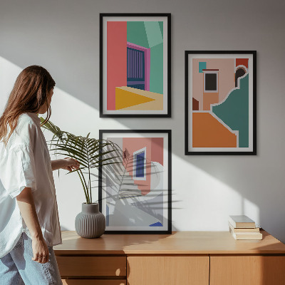 Gerahmtes bilderset Farbenfrohe Illustrationen von Gebäuden