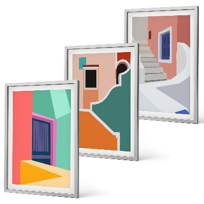 Gerahmtes bilderset Farbenfrohe Illustrationen von Gebäuden