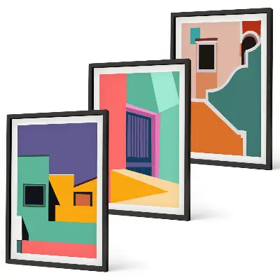 Farbenfrohe Illustrationen der Stadt 3er-Set mit Rahmen