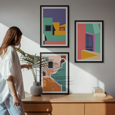 Bilder-3er-set mit rahmen Farbenfrohe Illustrationen der Stadt