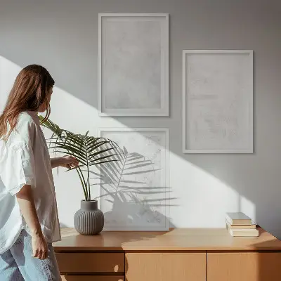 Gerahmtes Bilderset mit minimalistischem Hintergrund und weißen Punkten