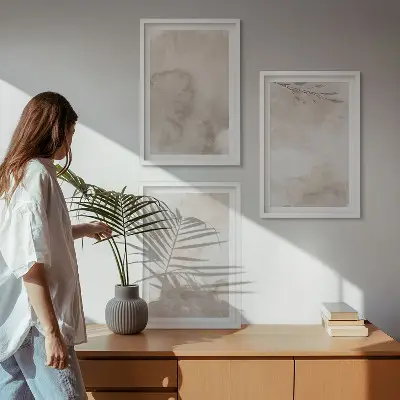 Bilder-3er-Set mit Rahmen Motiv mit verschütteten Aquarellfarben im Boho-Stil