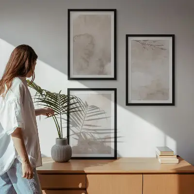 Bilder-3er-Set mit Rahmen Motiv mit verschütteten Aquarellfarben im Boho-Stil