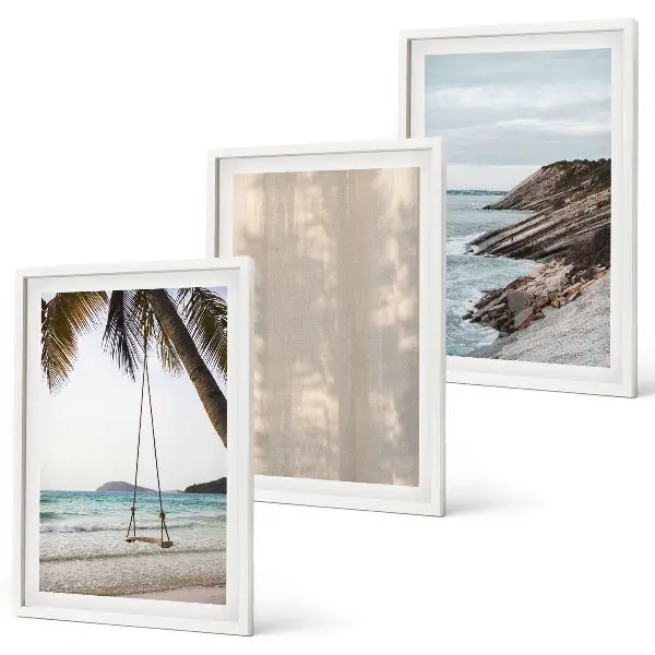Wandbild-Set mit Rahmen sommerlicher Sandstrand mit Meerblick im 3er-Set