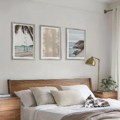 Wandbild-Set mit Rahmen sommerlicher Sandstrand mit Meerblick im 3er-Set