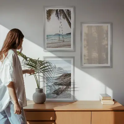 Wandbild-Set mit Rahmen sommerlicher Sandstrand mit Meerblick im 3er-Set