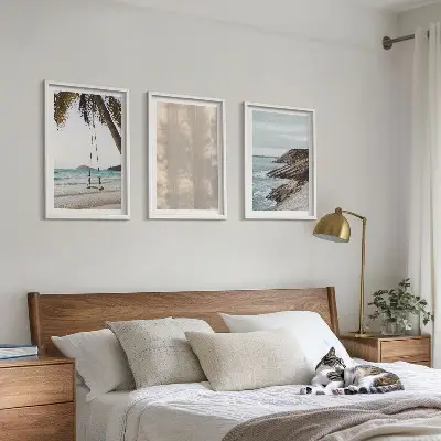 Wandbild-Set mit Rahmen sommerlicher Sandstrand mit Meerblick im 3er-Set