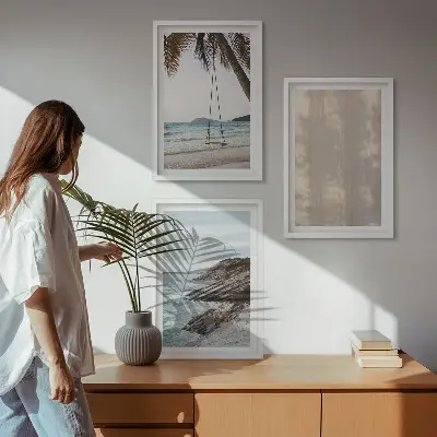 Wandbild-Set mit Rahmen sommerlicher Sandstrand mit Meerblick im 3er-Set