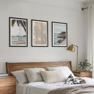 Wandbild-Set mit Rahmen sommerlicher Sandstrand mit Meerblick im 3er-Set