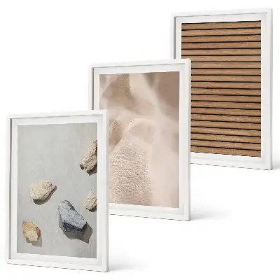3er-Set Bilder mit Rahmen mit Steine, Holz und Stofftexturen Motiven
