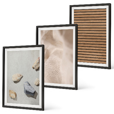 Bilder-3er-set mit rahmen Steine, Holz, Stofftexturen