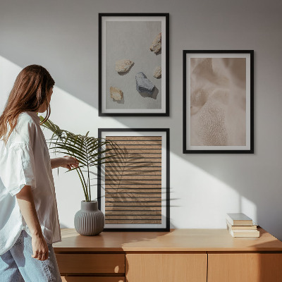 Bilder-3er-set mit rahmen Steine, Holz, Stofftexturen