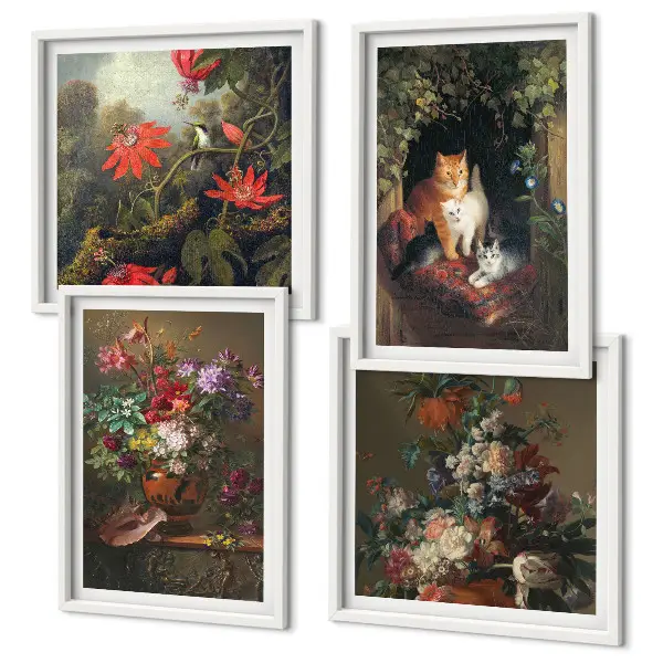 Wanddeko-Set mit Vintage-Motiven von Blumen, Katzen und Pflanzen