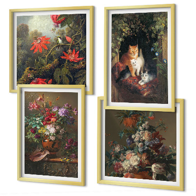 Wanddeko-set Vintage-Blumen, Katzen, Pflanzen