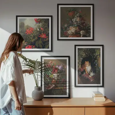 Wanddeko-Set mit Vintage-Motiven von Blumen, Katzen und Pflanzen