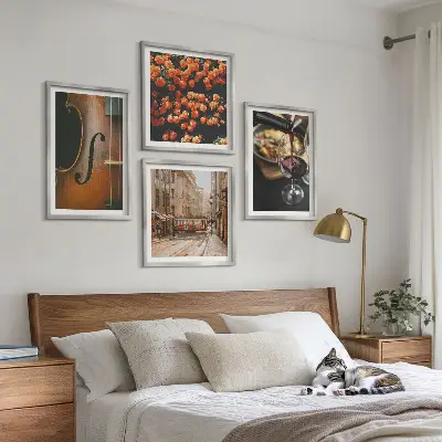 Wandbild mit Blumen, Straße und Geige im Vintage-Stil mehrteiliges Set mit Rahmen
