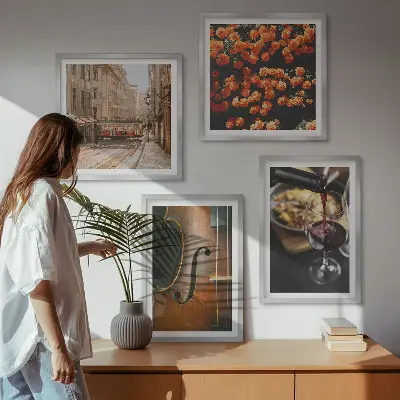 Wandbild mit Blumen, Straße und Geige im Vintage-Stil mehrteiliges Set mit Rahmen