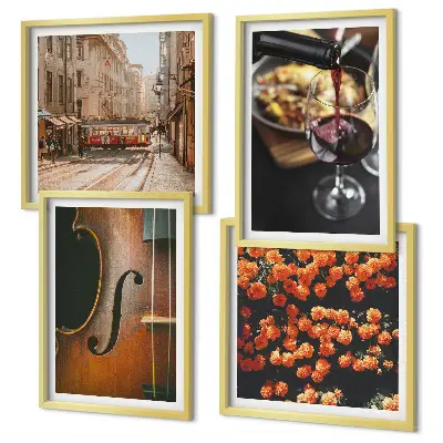 Wandbild mit Blumen, Straße und Geige im Vintage-Stil mehrteiliges Set mit Rahmen