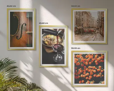 Wandbild mit Blumen, Straße und Geige im Vintage-Stil mehrteiliges Set mit Rahmen