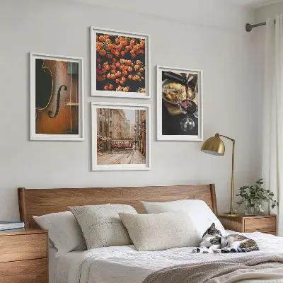 Wandbild mit Blumen, Straße und Geige im Vintage-Stil mehrteiliges Set mit Rahmen