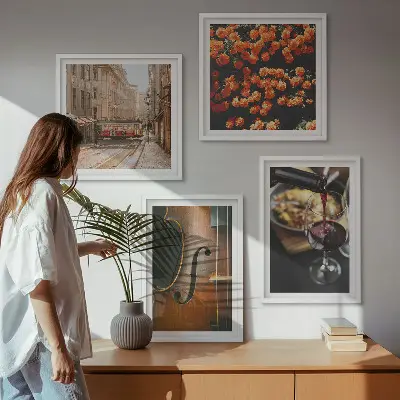 Wandbild mit Blumen, Straße und Geige im Vintage-Stil mehrteiliges Set mit Rahmen