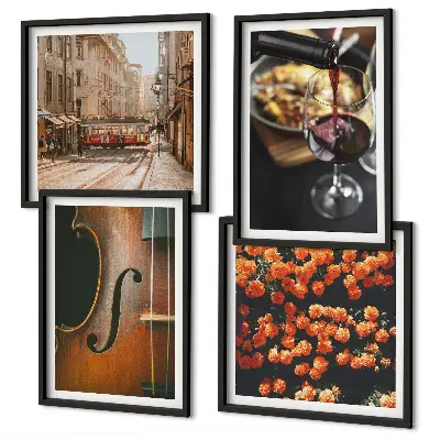 Wandbild mit Blumen, Straße und Geige im Vintage-Stil mehrteiliges Set mit Rahmen