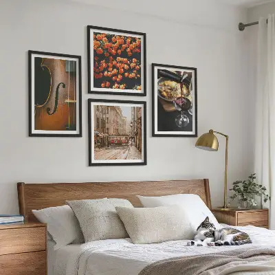 Wandbild mit Blumen, Straße und Geige im Vintage-Stil mehrteiliges Set mit Rahmen