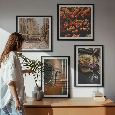 Wandbild mit Blumen, Straße und Geige im Vintage-Stil mehrteiliges Set mit Rahmen