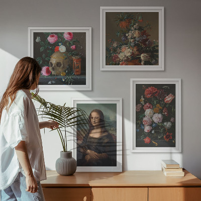 Polyptychon mit rahmen Vintage Blumen Totenkopf Mona Lisa