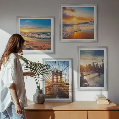 Wanddeko-Set mit Brücken, Sonnenuntergängen und Stadtmotiven