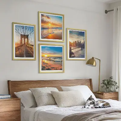 Wanddeko-Set mit Brücken, Sonnenuntergängen und Stadtmotiven