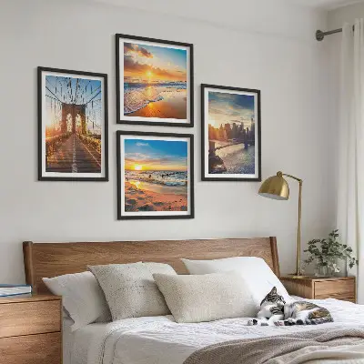 Wanddeko-Set mit Brücken, Sonnenuntergängen und Stadtmotiven
