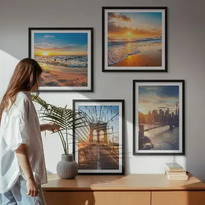 Wanddeko-Set mit Brücken, Sonnenuntergängen und Stadtmotiven