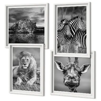 Polyptychon mit Rahmen Wandbild mit Wildtieren wie Löwe, Jaguar, Giraffe und Zebras