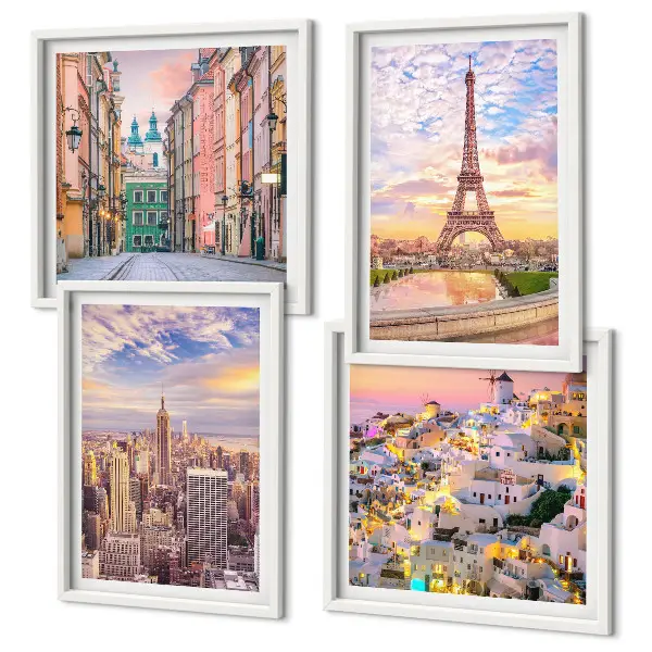 New York Paris Oia Warschau Dämmerung Wandbild als Polyptychon mit Rahmen