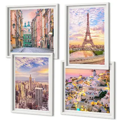 New York Paris Oia Warschau Dämmerung Wandbild als Polyptychon mit Rahmen